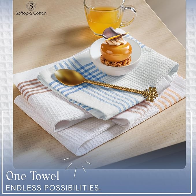 Waffle White & Multi Colors Kitchen Towels Set of 12, 100% Cotton, 16x26 inches, Durable Dish Towel, Quick Dry Dishcloths, Ideal for Drying, Wiping - Mustard Yellow, Sky Blue, Brown