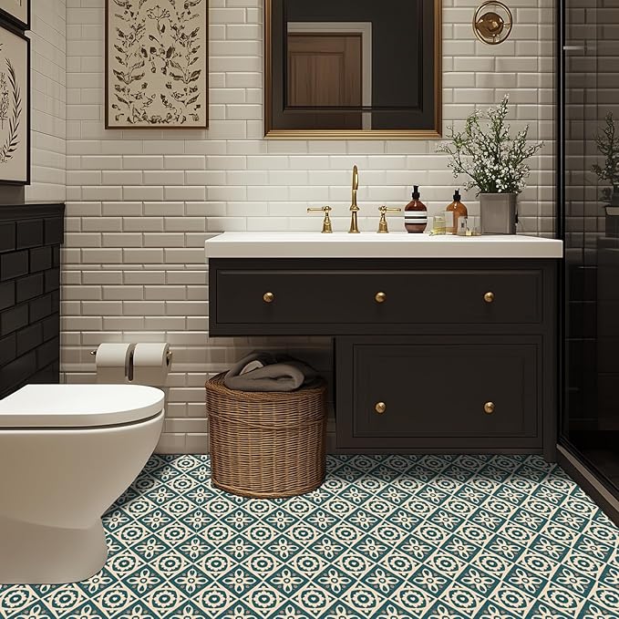 10PCS 12x12 Inch Vintage Heart Floral Pattern PVC Floor Tiles Peel and Stick Removable Self Adhesive Vinyl Flooring Stickers for Bathroom Kitchen Bedroom Home Decor