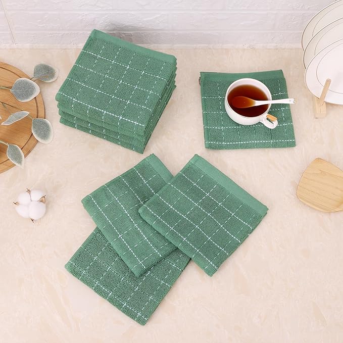 Mordimy 100% Cotton Terry Cloth Dish Cloths, Soft and Absorbent Checkered Dish Towels, Quick Drying Dish Rags for Washing Dishes, 6 Pack, 12 x 12 Inches, Grass Green
