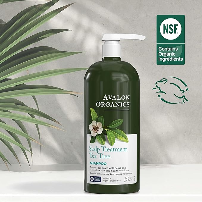 Avalon Organics Scalp Treatment Tea Tree Shampoo, Encourages Scalp Well-Being and Leaves Hair Soft, 32 Fluid Ounces, (Pack of 2)