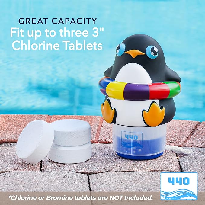440 Pool Chlorine Floater Dispenser, Fits Up to 3 Pieces of 3-Inch Chlorine Tabs, Adjustable Flow, Control, Heavy-Duty Plastic - Suitable for Small & Large Pools - 8 Ounces | Cartoon Penguin