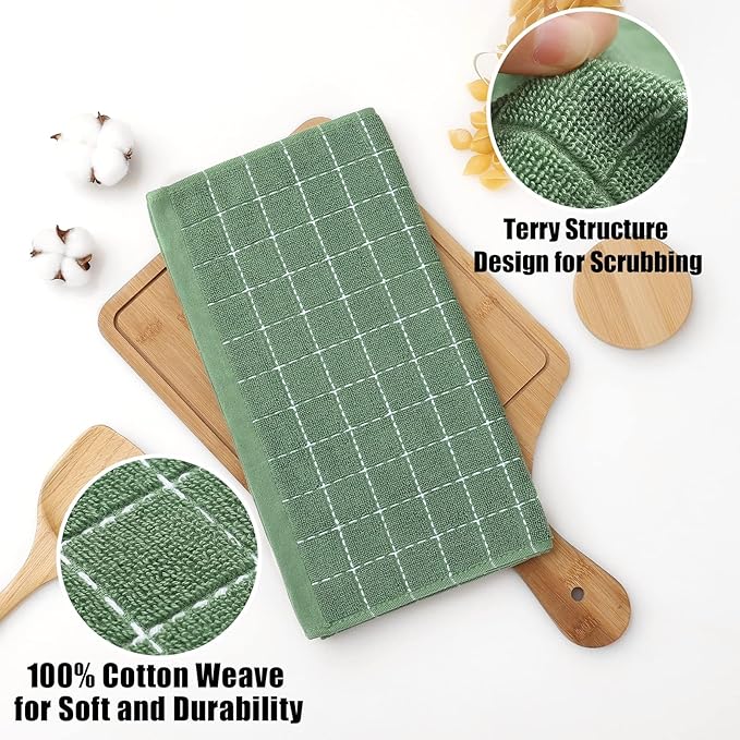Homaxy 100% Cotton Terry Kitchen Dish Cloths, Ultra Soft and Absorbent Dish Towels for Kitchen, Suitable for Drying and Washing Dishes, 18 Pack, 12 x 12 Inches, Grass Green