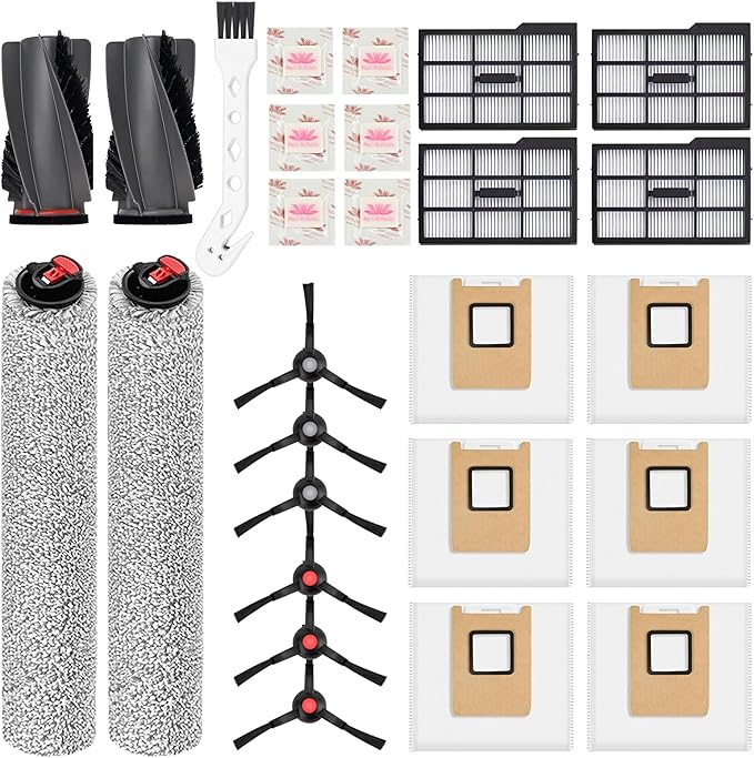 Replacement Kit for Eufy E25/E28:1Pair Main Brushes,2Roller Mops,4HEPA Filters(Right),6Side Brushes, 6Dust Bags, 6Scented Tablets (for Dust Bag Odor Control) + Cleaning Brush