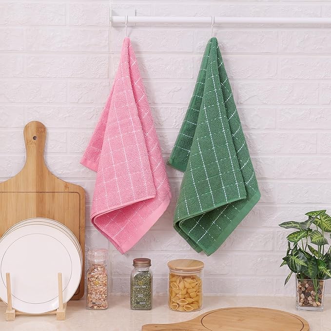Mordimy 100% Cotton Terry Cloth Kitchen Towels, Super Soft and Absorbent Dish Towels for Drying, Checkered Designed Hand Towels for Kitchen, 16 x 26 Inches, 6 Pack, Pink