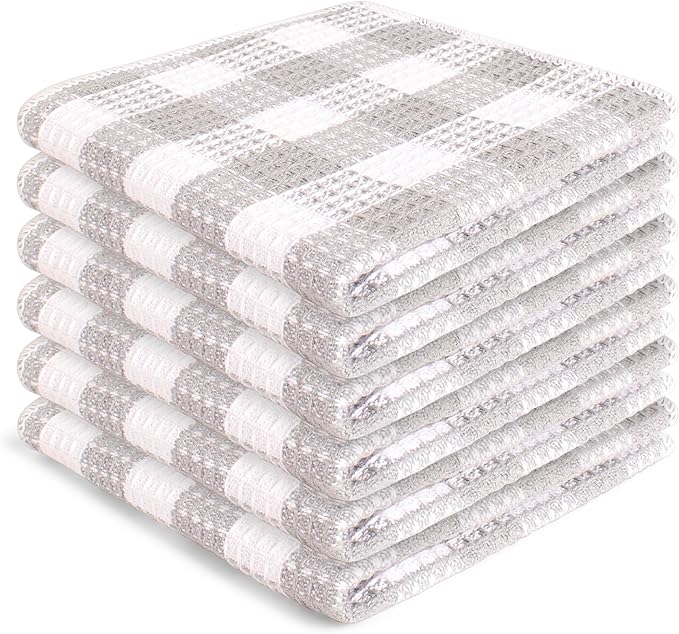 Blue Needles Waffle Weave Check Plaid Dish Cloths, 12x12 Inches 100% Cotton Set of 6 Dish Towels for Kitchen, Ultra Soft & Absorbent Kitchen Towels for Quick Drying Spring Summer - Ash Grey & White