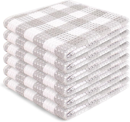 Blue Needles Waffle Weave Check Plaid Dish Cloths, 12x12 Inches 100% Cotton Set of 6 Dish Towels for Kitchen, Ultra Soft & Absorbent Kitchen Towels for Quick Drying Spring Summer - Ash Grey & White