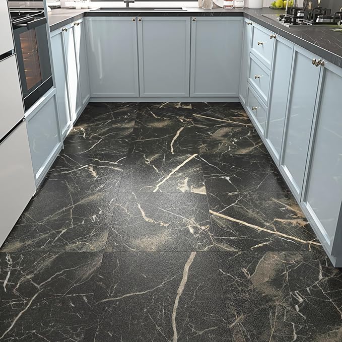 Matte Black Marble Peel and Stick Floor Tile Waterproof Vinyl Sheet Flooring for Bathroom Marble Black Flooring Tile 5PCS Self Adhesive Laminate Stick on Floor Tiles Sticky Panels for Kitchen 12x12 IN