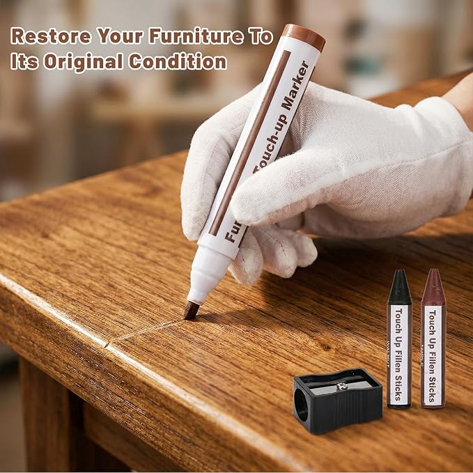 Furniture Repair Kit Wood Markers, 13 Pcs Marker Set and Wax Sticks with Sharpener, 6 Colors Furniture Markers Touch Up for Scratches Stains Holes Bedposts Floors Tables Cabinets Desks