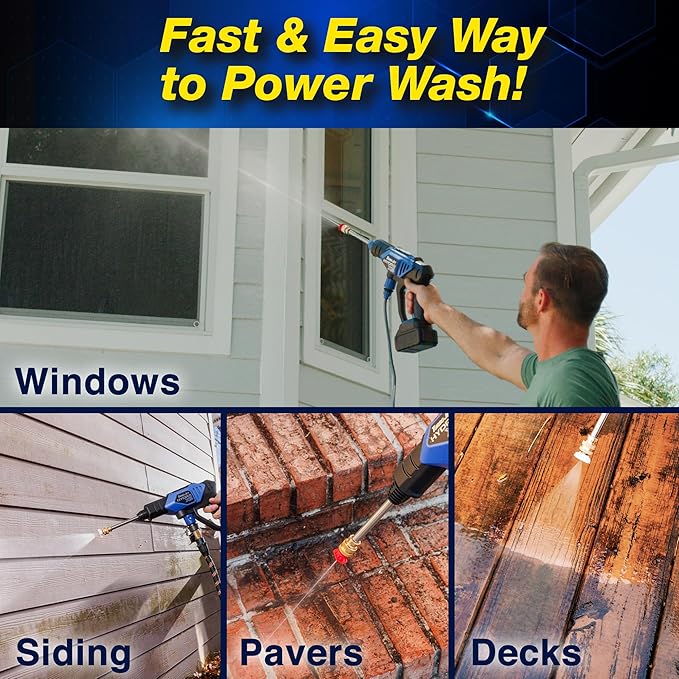 Ontel Turbo Jet HydroX5 Pro Portable Cordless Pressure Washer (21V 3000mAh Battery), 6-in-1 Nozzle, Dual Water Source, 16ft Detachable Hose