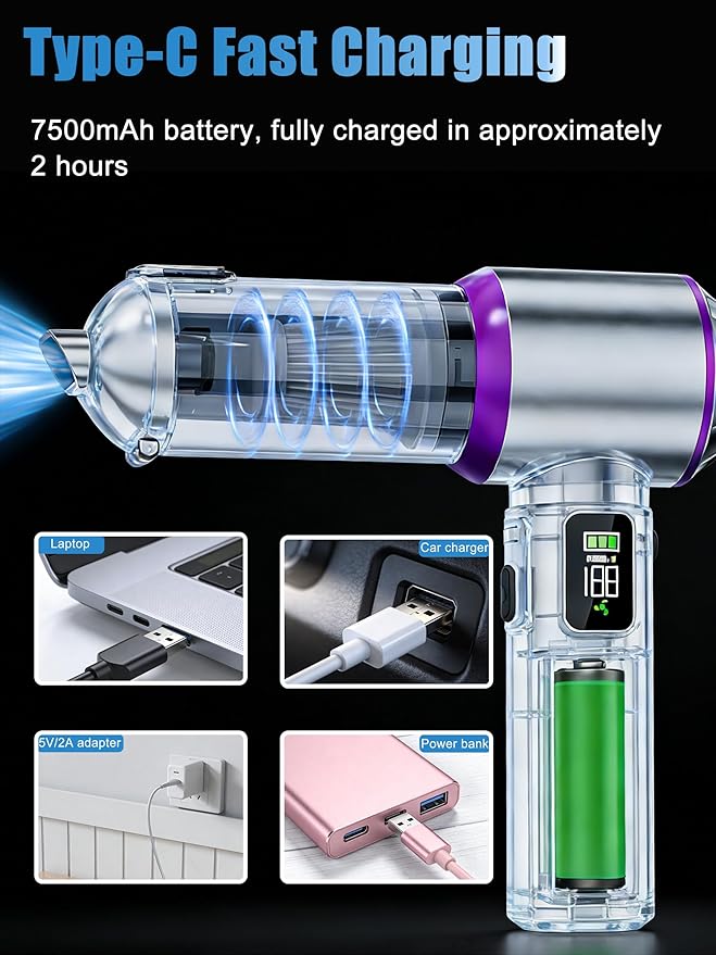 Car Vacuum Portable Cordless,16000Pa Suction Power Handheld Vacuum for Car,Home,Office,Pet Hair Cleaning,with Washable Filter and Replaceable Nozzle, Type-C Charging