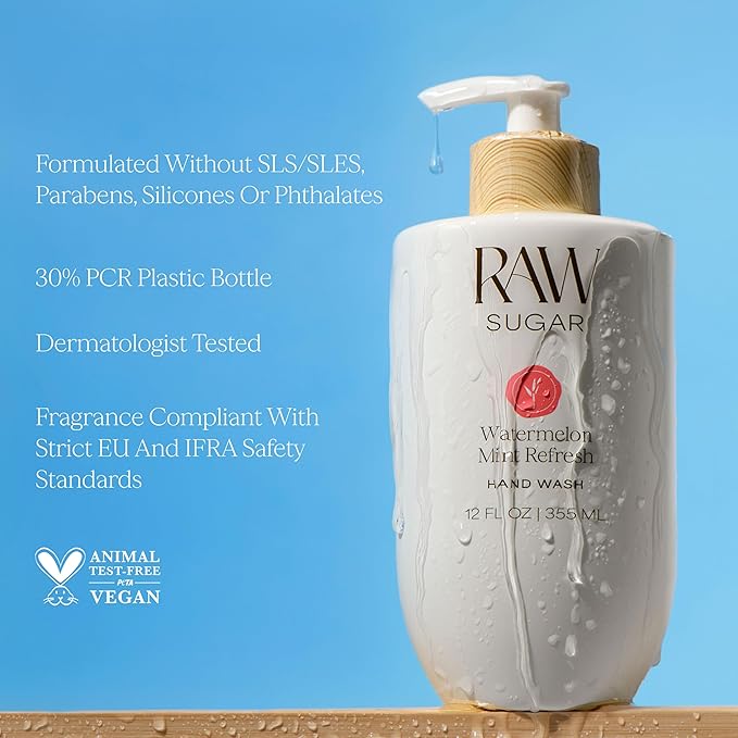 RAW SUGAR Hand Wash Variety Bundle (12 Fl Oz, Pack of 4) Vegan Soap, Coconut Mango Glow, Pineapple Maqui Berry Reviver, Watermelon Mint Refresh, Lemon Sugar Love, Made without SLS/SLES & Parabens
