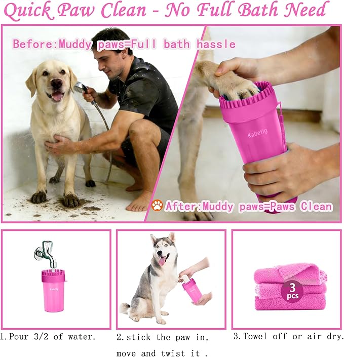 Dog Paw Cleaner Kit - Pink, for L/XL Dogs, Quick Clean No Full Bath, 5-in-1 Bath Grooming Kit, Exclusive Cup-Mounted Brush Head, Grip Silicone Brush, 3 Absorbent Towels, Fits Lab