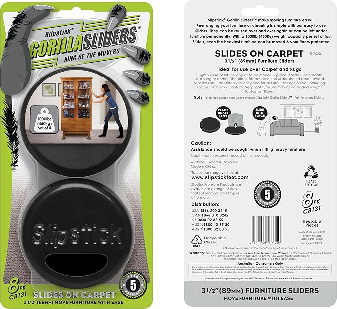 GorillaSliders 3-1/2 Inch Round Furniture Sliders for Carpet & Rugs (8 Pack) Premium Reusable Furniture Movers, Protects Carpeting & Makes Moving Heavy Furniture Easy, Black, CB131