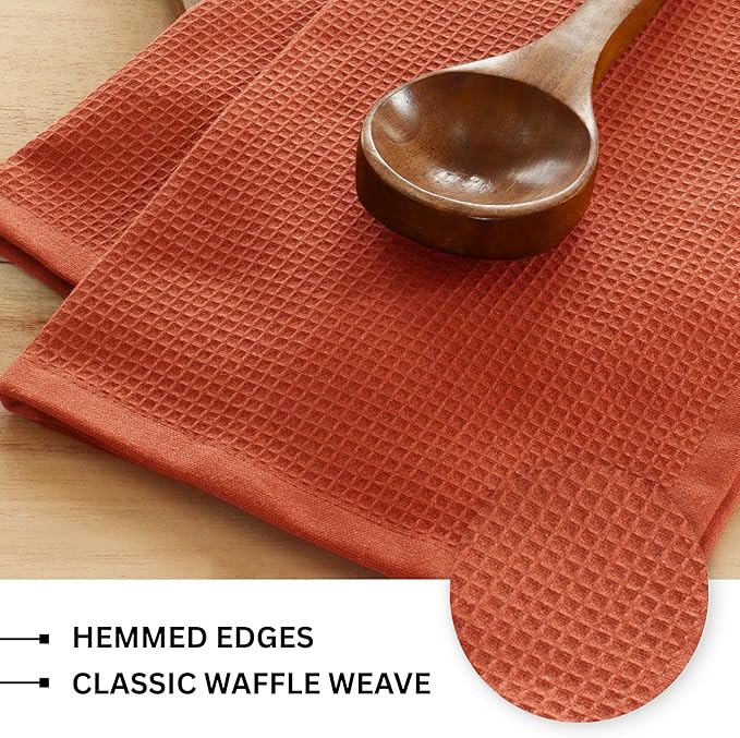 PurpleEssences Rust Waffle Weave Kitchen Towel, 100% Cotton 15x25 Inches, with Hanging Loop Soft Absorbent Quick Drying Dish Cloth, Tea and Hand Towels, 6 Pack - Christmas Holiday Winter - Rust