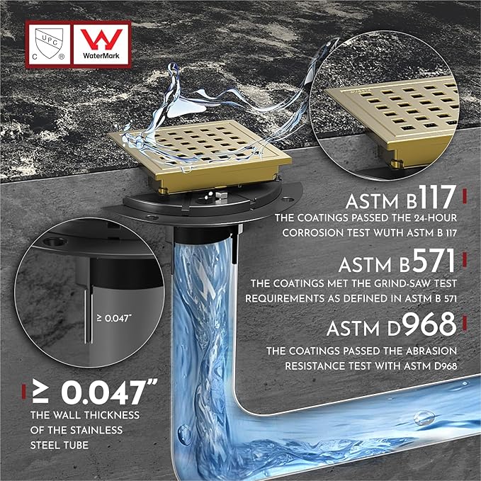 WEBANG 4 Inch Square Shower Floor Drain with Flange,Quadrato Pattern Grate Removable,Food-Grade SUS 304 Stainless Steel,Watermark&CUPC Certified, Brushed Gold