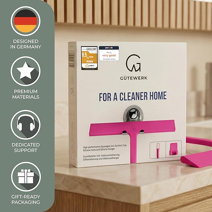 GÜTEWERK Shower Squeegee for Glass Doors, Silicone Window Squeegee, Bathroom and Glass Cleaning - Pink - 11 Inch