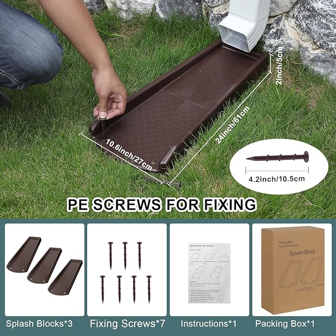 Rain Gutter Downspout Splash Block, Gutter Downspout Extensions for Water Drainage, 24" Gutter Splash Guards Downspout Extender, Fixable Down spout Drain Trays with PE Nails(3 Pack, Brown)