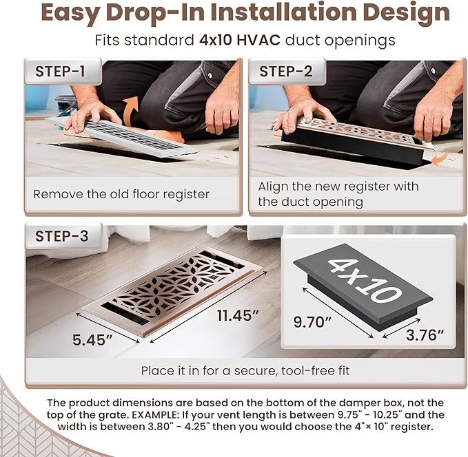 Floor Register 4x10 Vent Cover – 8 Pack – Heavy-Duty Steel, Rustproof & Walkable Grates, Drop-in Install, Adjustable Air Supply Switch - Decorative Floral Design, Satin Bronze