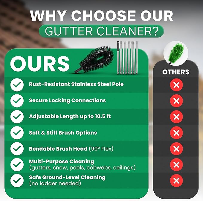 Premium Gutter Cleaning Tools from The Ground - 10.5 ft Long Adjustable gutter Cleaner & Brushs No Ladder Needed Branches And Debris from Gutters Clean Out Tool Makes it Easy To Clean Leaves.