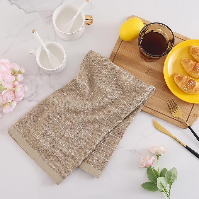Mordimy 100% Cotton Terrycloth Kitchen Towels and Dishcloths Sets, Soft and Absorbent Checkered Dish Towels, Quick Drying Dish Rags for Washing Dishes, 4 Pack 16" x 26" & 4 Pack 12" x 12", Tan