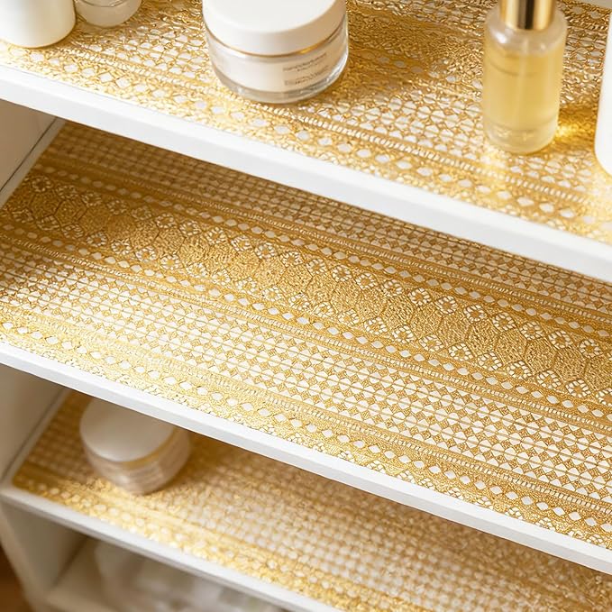 Drawer and Shelf Liner - Gold Geometric Lace Pattern,Non Adhesive Non Slip Waterproof Easy-Clean Shelf Liner for Kitchen Cabinet, Refrigerator, Bathroom, Pantry Storage Drawers, 12 in x 10 Ft
