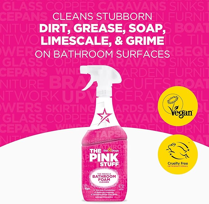 Stardrops - The Pink Stuff Miracle Bathroom Foam Cleaner,30 fl oz – Now 20% More! Powerful Foaming Action for Showers,Sinks,Tubs & Tiles – Removes Soap Scum,Limescale & Grime with Ease,(Pack of 3)