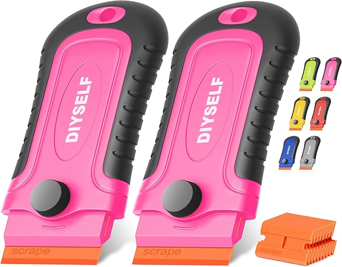 DIYSELF 2 Pcs Plastic Razor Blade Scraper with 10 Pcs Blades, Plastic Scraper Tool for Adhesive Remover, Scrapers for Cleaning Stickers, Decals, Glass, Windows, Car, No Scratches (Pink)