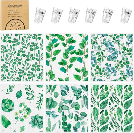 Needbrock 6 Pack Swedish Dishcloths for Kitchen, Swedish Rags Absorbent Green Leaf Dish Cloths Dish Towels with Adhesive Clips, Reusable Paper Towels No Odor for Cleaning Home Kitchen