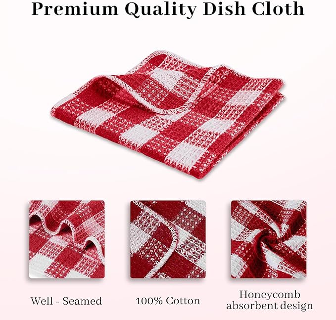 Blue Needles Waffle Weave Check Plaid Dish Cloths, 12x12 Inches 100% Cotton Set of 6 Dish Towels for Kitchen, Ultra Soft & Absorbent Kitchen Towels for Quick Drying Spring Summer - Burgundy & White
