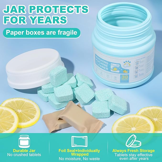 Washing Machine Cleaner Tablets, 30 Pack Deep Cleaning Pods for Front ＆ Top Loader, Natural Formulared for Pet Owners, Heavy Duty, Septic Safe, Over 12 Month Supply, 15G, Blue