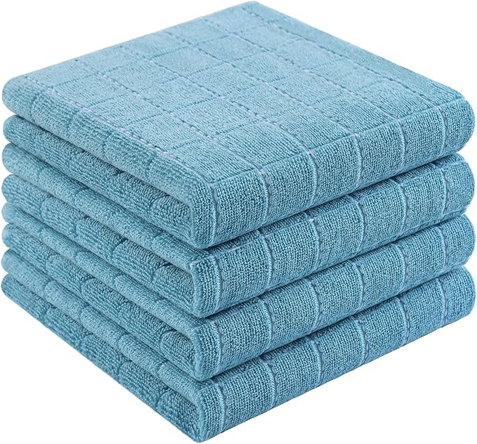 Homaxy 100% Cotton Terry Kitchen Towels(Lake Blue, 13 x 28 inches), Checkered Designed, Soft and Super Absorbent Dish Towels, 4 Pack