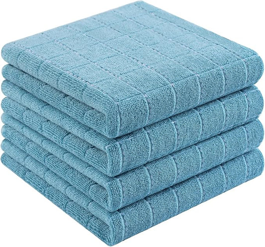 Homaxy 100% Cotton Terry Kitchen Towels(Lake Blue, 13 x 28 inches), Checkered Designed, Soft and Super Absorbent Dish Towels, 4 Pack