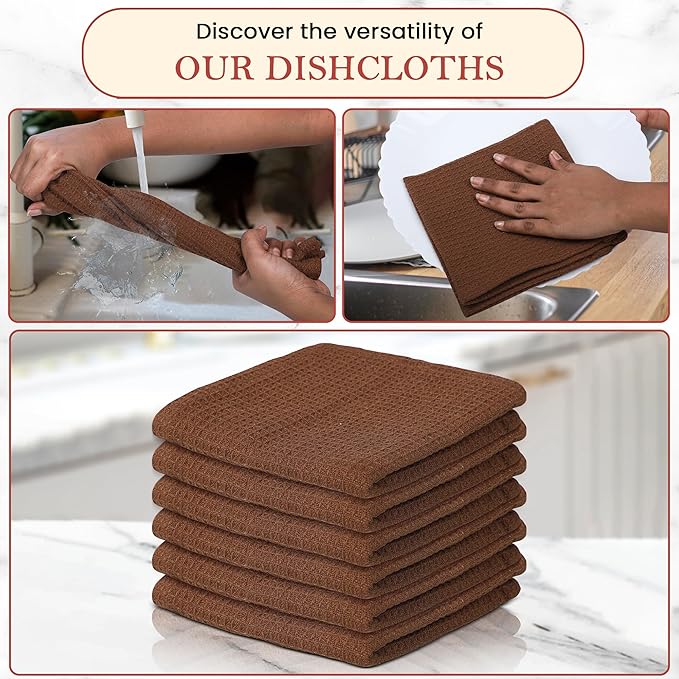 Vintage Vista 100% Cotton Waffle Dish Cloths (Pack of 6) - Dish Rags for Washing Dishes - Reusable & Highly Absorbent Kitchen Towels - Kitchen Rags for Christmas - (12" x 12" - Brown)