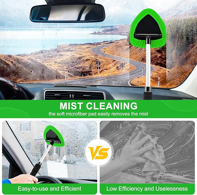JUSTTOP Windshield Cleaner Tool, Car Interior&Exterior Window Cleaning Tool with Extendable Handle & 4 Reusable Microfiber Pads, Auto Glass Wiper Brush Kit for Cars (Green)