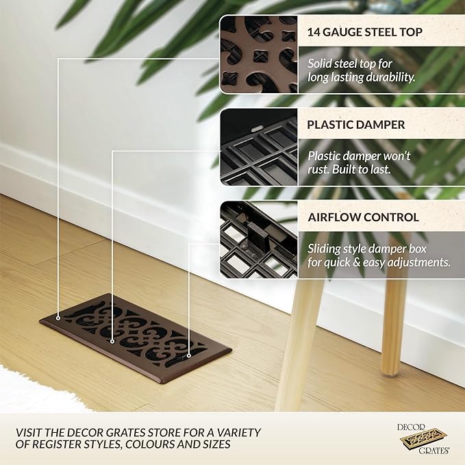 Decor Grates Metal Scroll Decorative Air Vent Cover 6x10 Floor Register – Adjustable Control Lever – AC Floor Vent Covers for Home Floor Vents – Fits 6 x 10 Inch Opening – Rubbed Bronze (SPH610-RB)