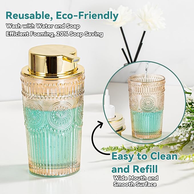 Gold Glass Foaming Soap Dispenser - Hand Soap Foam Dispenser for Bathroom, 10 OZ Refillable Dish Liquid Foam Hand Wash Dispenser for Kitchen
