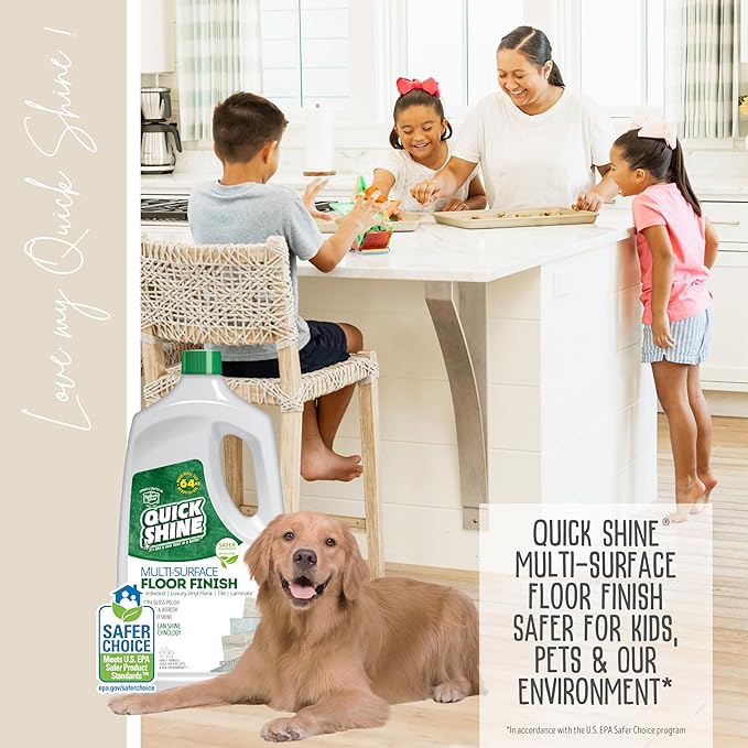 Quick Shine Multi-Surface Floor Finish-Polish 64oz-4pk | Safer Choice, No PFAS, pH Neutral Clean Shine Technology | Squirt & Spread | For Wood, Laminate, LVP, LVT, Tile & Stone | Made in USA