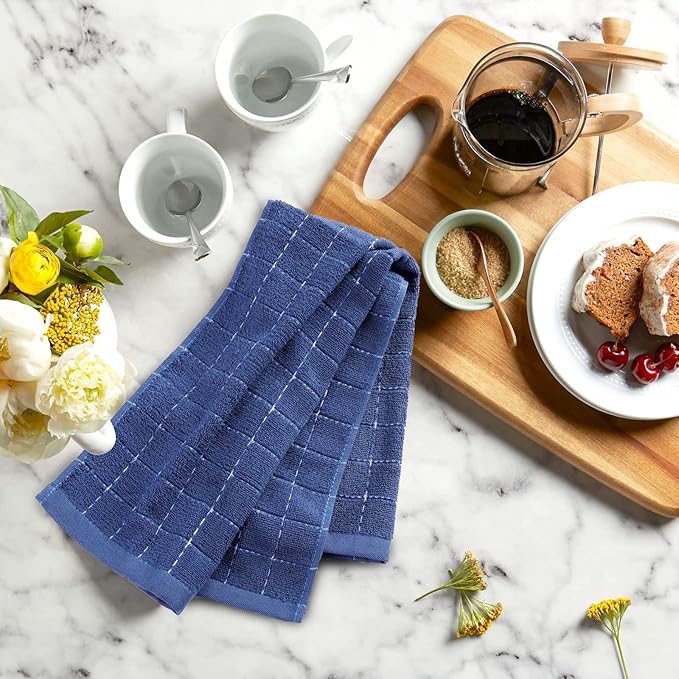Mordimy 100% Cotton Terrycloth Kitchen Towels and Dishcloths Sets, Soft and Absorbent Checkered Dish Towels, Quick Drying Dish Rags for Washing Dishes, 4 Pack 16" x 26" & 4 Pack 12" x 12", Navy Blue