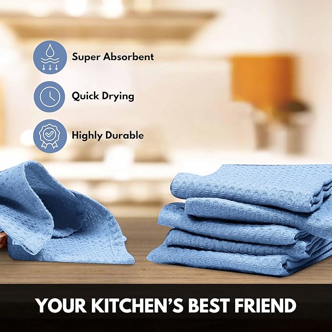 Sky Blue Kitchen Dish Towels Set of 12-100% Cotton Waffle Weave, Super Absorbent, Soft, Quick Drying, 16x26 Inches, Ideal for Cleaning, Bar, Tea, and Everyday Use, Light Blue
