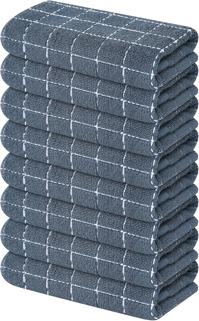 Mordimy 100% Cotton Terry Cloth Kitchen Towels, Super Soft and Absorbent Dish Towels for Drying, Checkered Designed Hand Towels for Kitchen, 16 x 26 Inches, 8 Pack, Grey