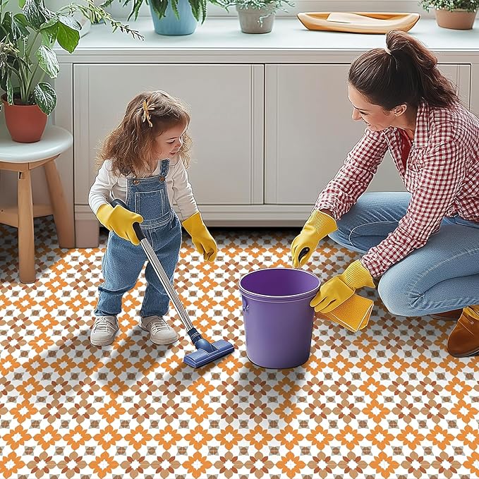 10PCS Peel and Stick PVC Floor Tile Stickers, Retro Orange Floral Pattern Vinyl Flooring Decals for Bathroom Kitchen Laundry Room Decor, 12x12 Inch Waterproof Self-Adhesive Tiles