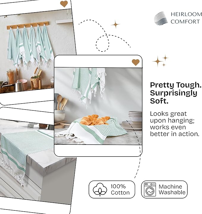 Turquiose Green Turkish Kitchen Towels 16"x26", 3 Pack, 100% Cotton, Ultra Absorbent, Soft, Fast Dry, Machine Washable, Dish Towel with Tassels for Drying Dishes, Cleaning, Wiping