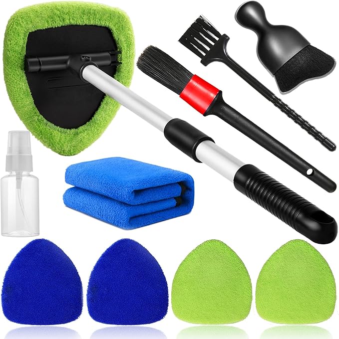 10pcs Windshield Cleaning Tool Inside Car Window Cleaner Wash Kit with 4 Reusable Microfiber Pads 1 Spray Bottle and Extendable Handle Interior Auto Glass Wiper Kit, Blue&Green