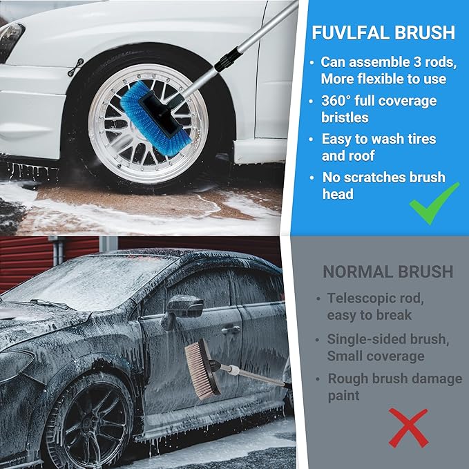 72" Long Handle Car Wash Brush with Hose Attachment, Flow-Through Soft Bristle Five-Sided Brush