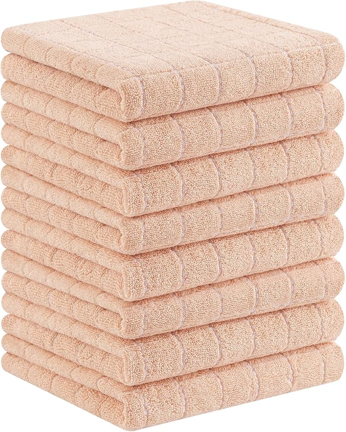 Homaxy 100% Cotton Terry Kitchen Towels(Apricot, 13 x 28 inches), Checkered Designed, Soft and Super Absorbent Dish Towels, 8 Pack