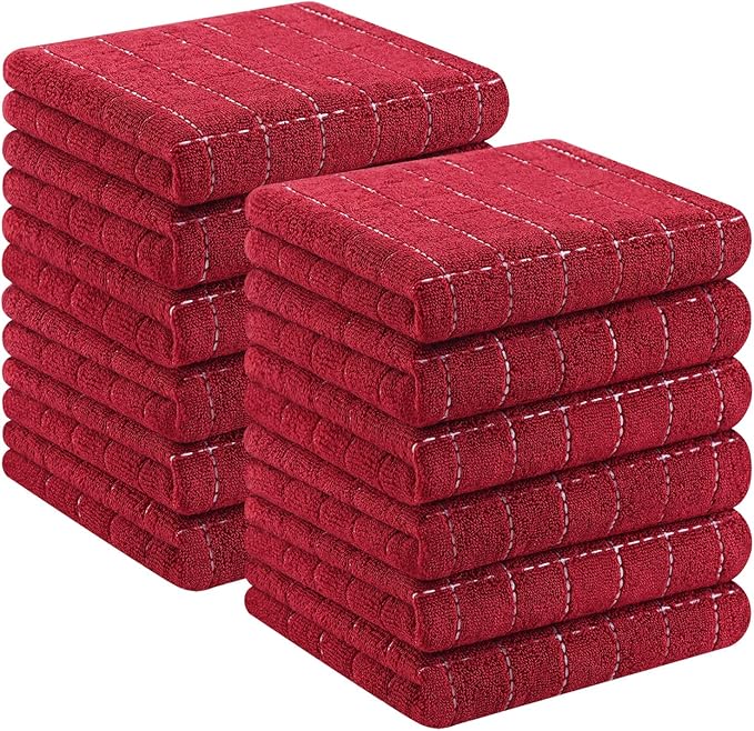 Homaxy 100% Cotton Terry Kitchen Towels(Brick Red, 13 x 28 inches), Checkered Designed, Soft and Super Absorbent Dish Towels, 12 Pack