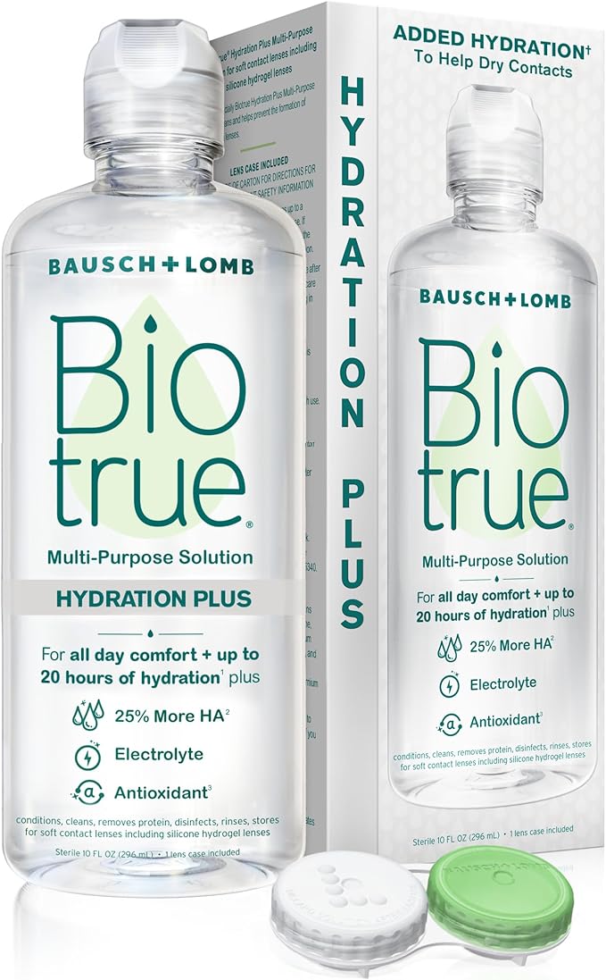Biotrue Hydration Plus Contact Lens Solution with Lens Case, Multi-Purpose Solution for Soft Lenses, Hydrates with Hyaluronan, Cleans, Clears, and Disinfects for All-Day Comfort, 10 Fl Oz (Pack of 1)