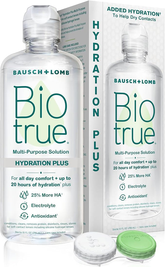 Biotrue Hydration Plus Contact Lens Solution with Lens Case, Multi-Purpose Solution for Soft Lenses, Hydrates with Hyaluronan, Cleans, Clears, and Disinfects for All-Day Comfort, 10 Fl Oz (Pack of 1)