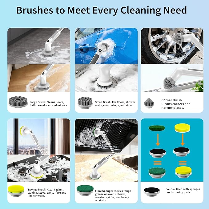 Electric Spin Scrubber, Cordless Cleaning Brush，IPX7 Waterproof Bathroom Scrubber with Adjustable Extension Handle & Battery Level Display for Bathroom Kitchen Car (ECB-S8)