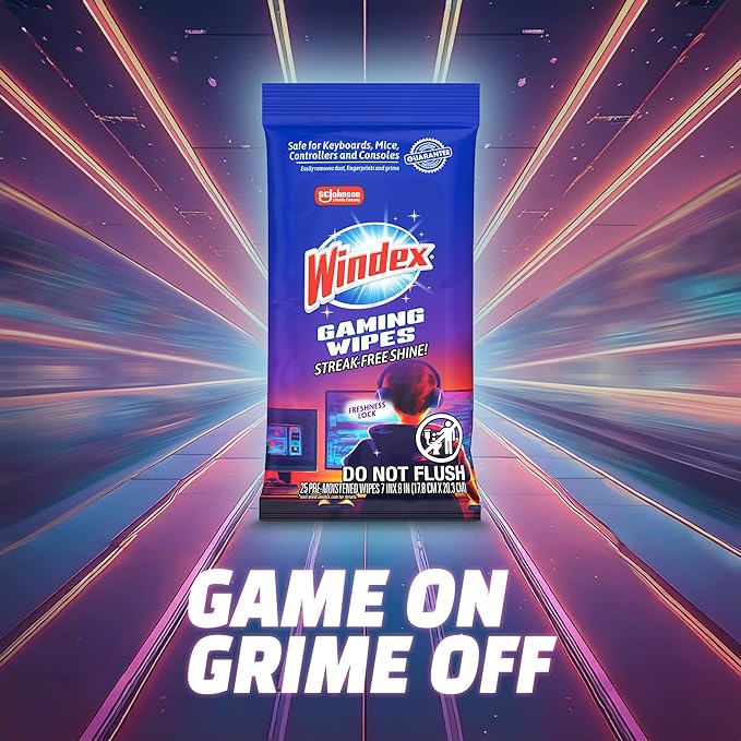 Windex Gaming Cleaning Wipes, Pre-Moistened Wipes to Instantly Clean all Gaming Gear and Electronics, Resealable Packaging for a Freshness Lock, 25 count (Pack of 1)